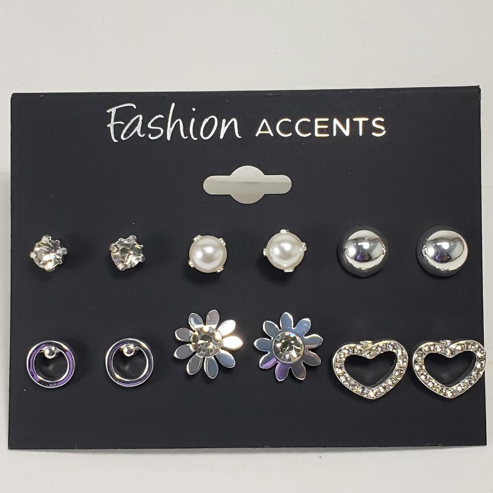 Set of 6 Silver-Tone, Rhinestone, Crystal & Faux Pearl Stud Earrings - Women